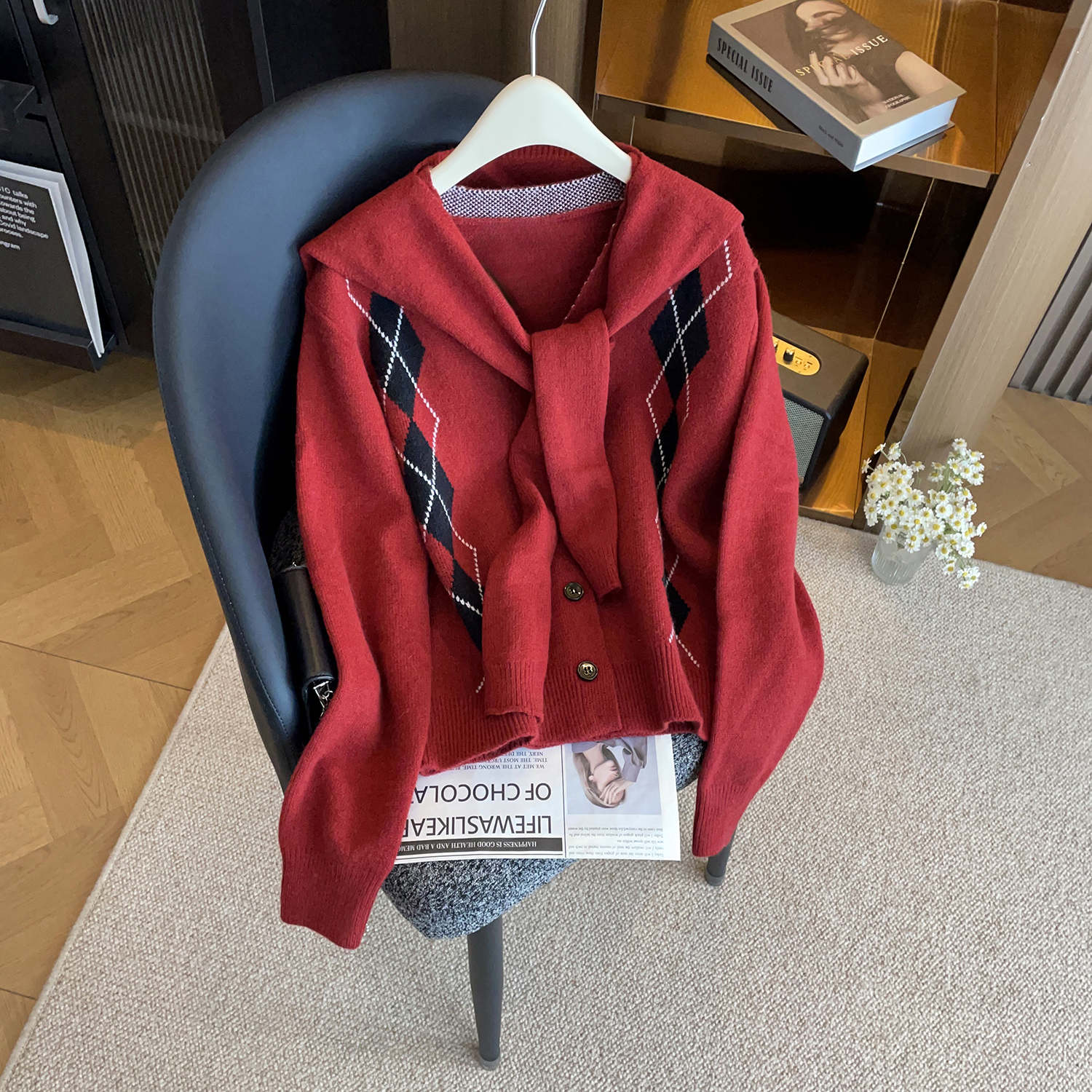 复古学院风红色菱格纹针织开衫女披肩式毛衣外套爆款针织衫DY9819