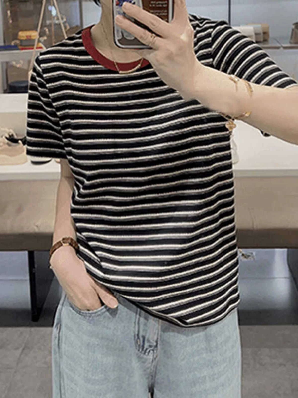 常规撞色条纹短袖T恤ins潮流宽松打底衫半袖条纹韩版学生大码