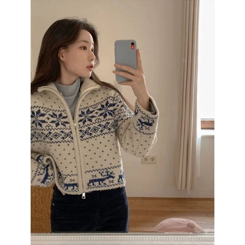 时尚日系古着感重工立领拉链针织开衫毛衣女秋冬加厚高领雪花外套