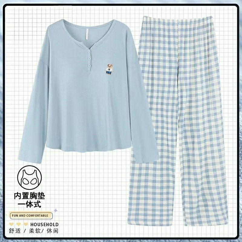 秋季新款带胸垫玩偶小熊长袖长裤一体式家居服套装