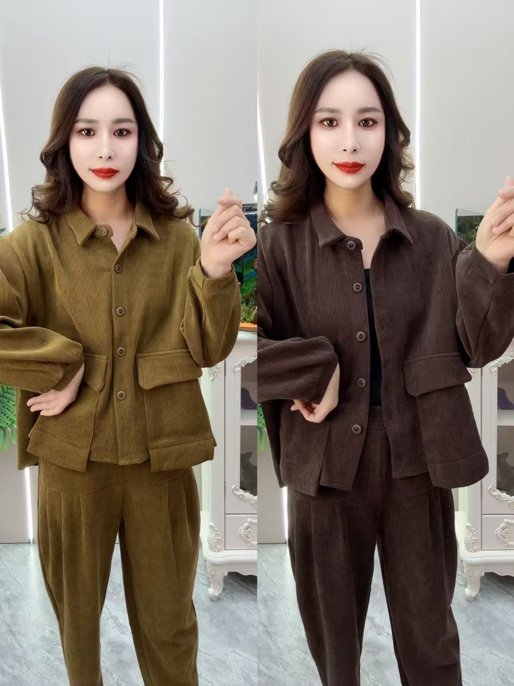 条绒方领双兜 套装，2色