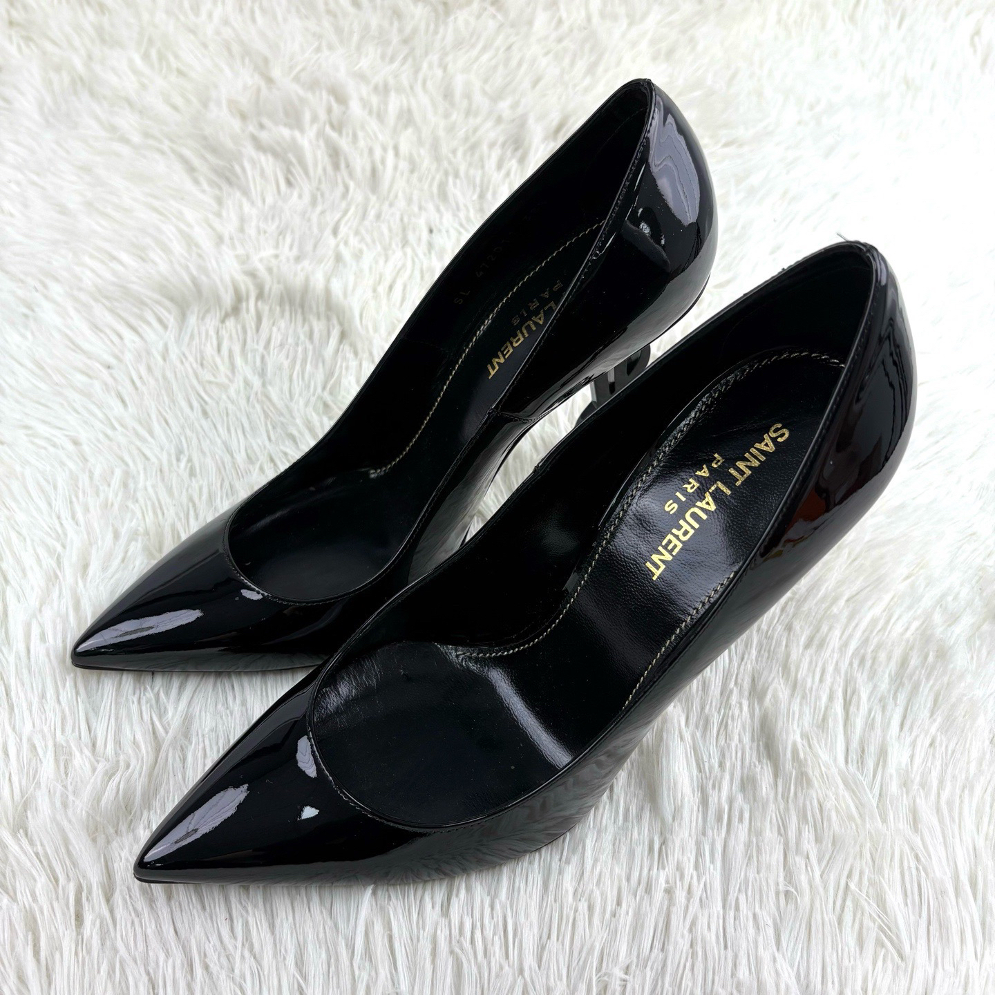99新 YSL/圣罗兰 黑色鞋跟漆皮高跟鞋38.5码