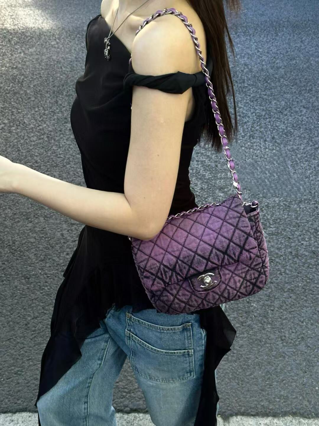 全新未使用 Chanel/香奈儿 展会外场！紫色牛仔方胖子包