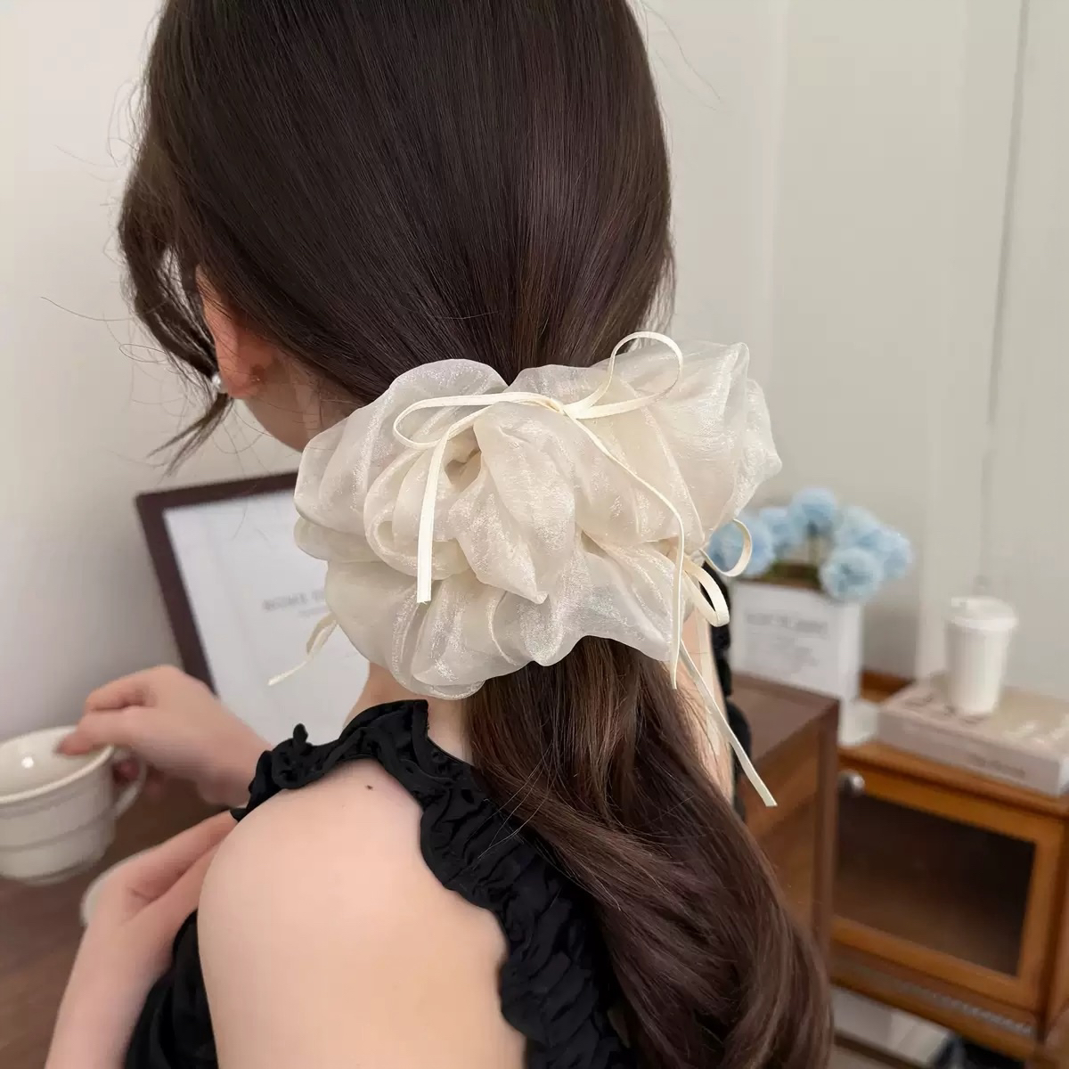 少女芭蕾风网纱大肠发圈皮筋头花女飘带结丸子头发绳马尾头绳发饰