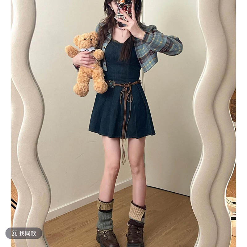 复古民族风短款格纹衬衫女夏季2025新款百褶牛仔连衣裙两件套