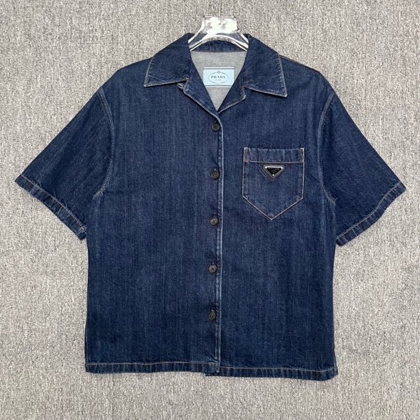 未使用 Prada/普拉达 钢标单排扣牛仔半袖衬衫/42码/存放/13642