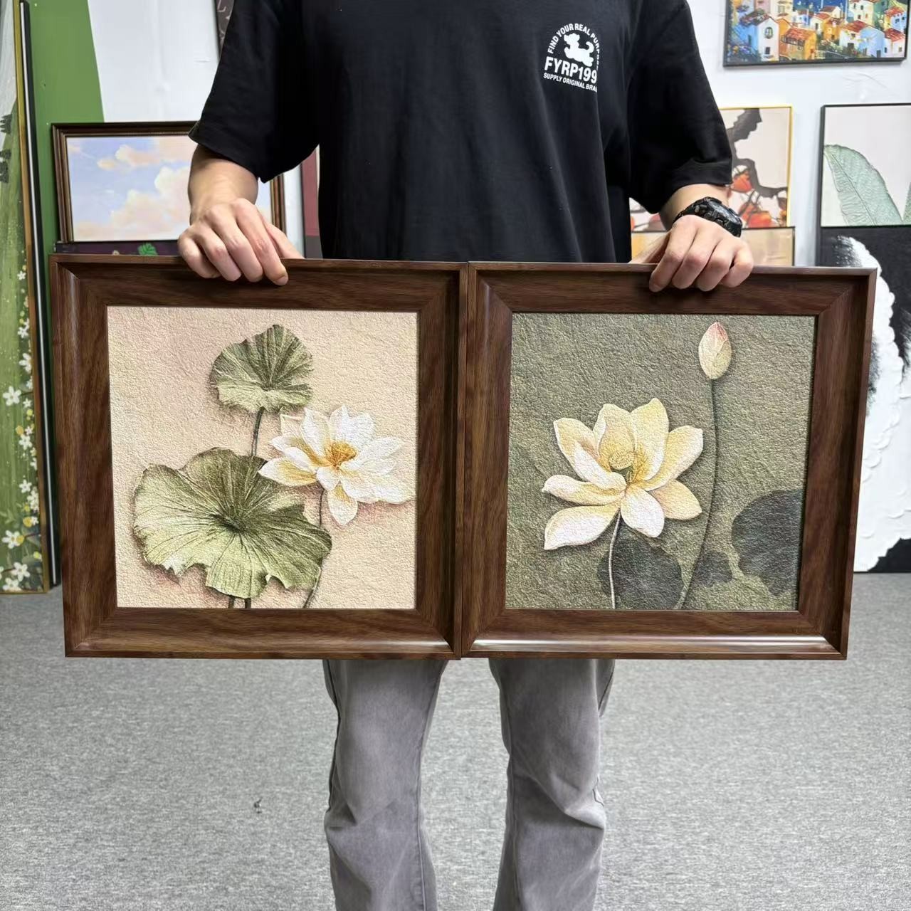 风荷花复古卧室床头玄关餐厅装饰画高级感艺术壁画4040