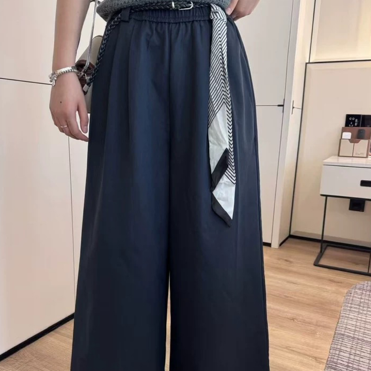 时尚夏季高腰显瘦小个子松紧腰丝带阔腿休闲女裤