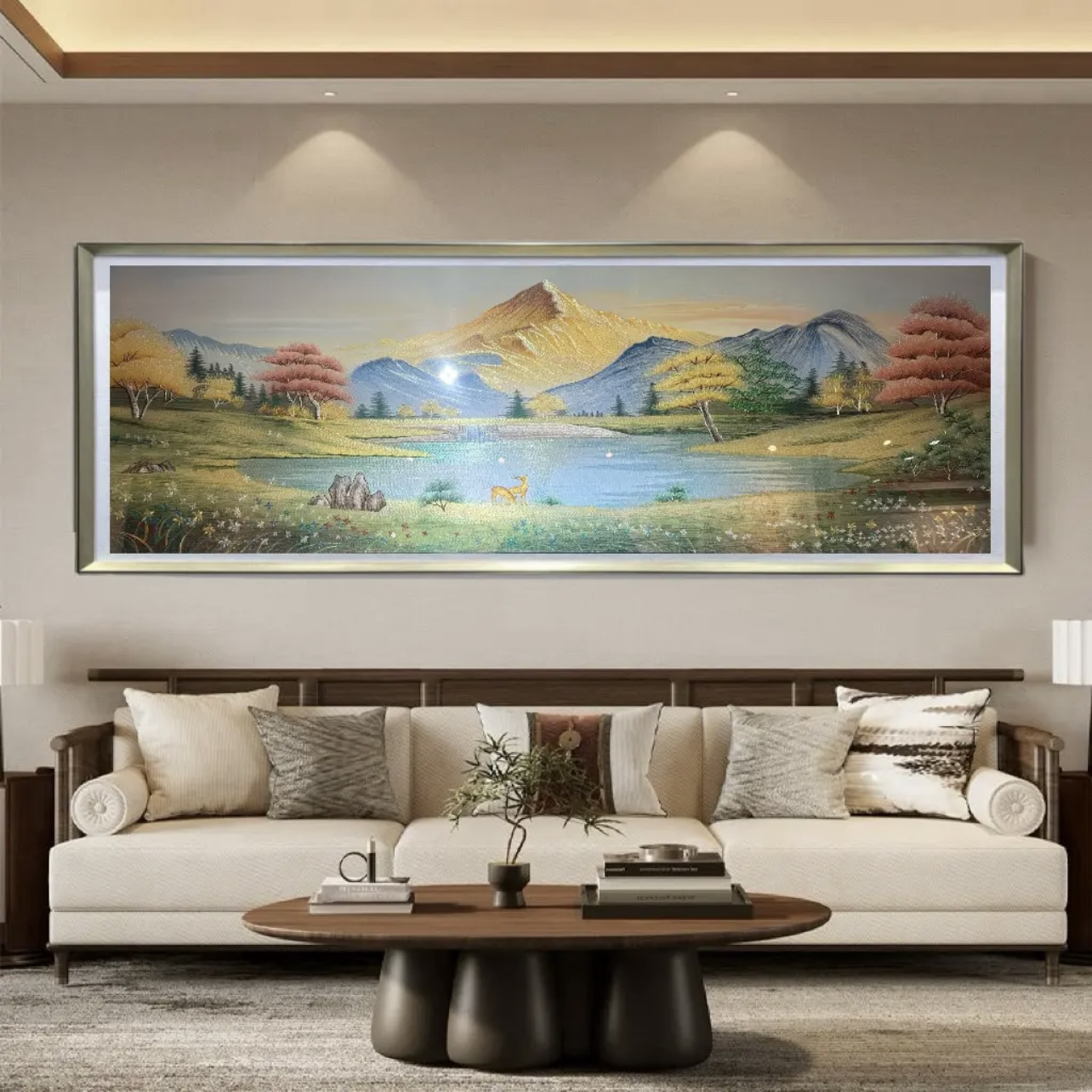 新中式高端刺绣织锦绣金山聚宝盆客厅沙发背景墙装饰画