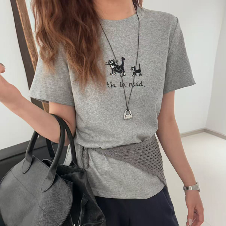 ID.sisters56589正肩T恤女2025早秋短袖圆领显瘦减龄小猫刺绣上衣