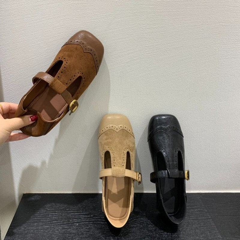 2025秋季复古棕色方头玛丽珍鞋芭蕾舞鞋仙女风平底女鞋浅口单鞋