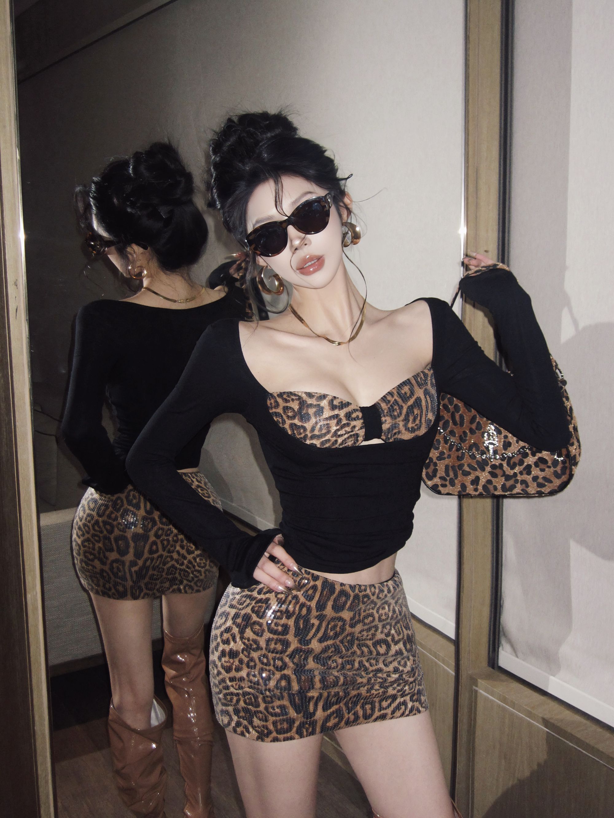 FORNIS 【心动猎手】假两件豹纹拼接上衣包臀半裙F25Y4252+F25Q4253