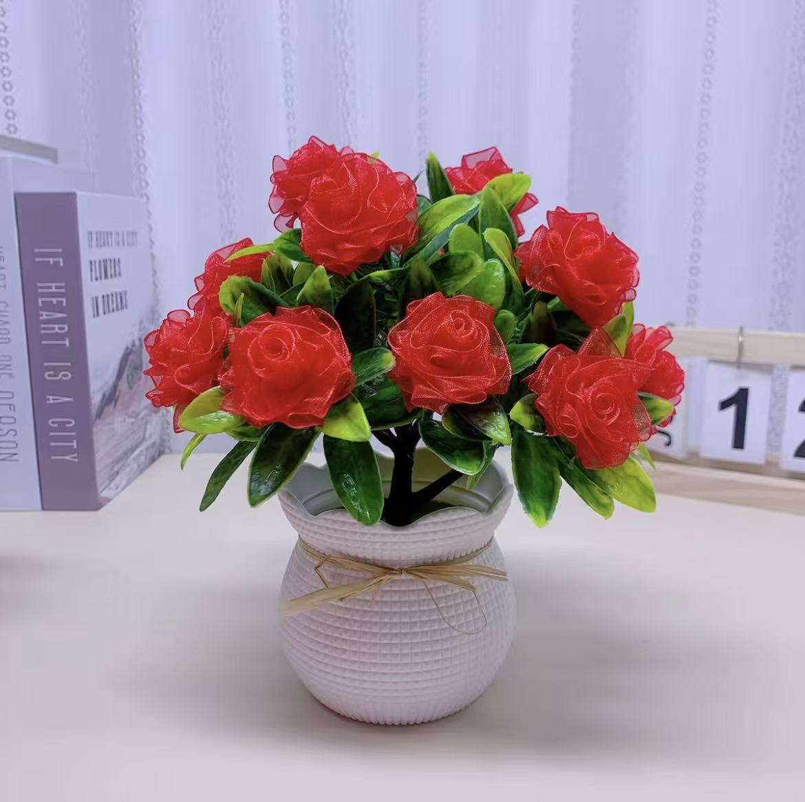 4厘米雪纱玫瑰元宝盆景桌摆件花束手工DIY制作材料手工花