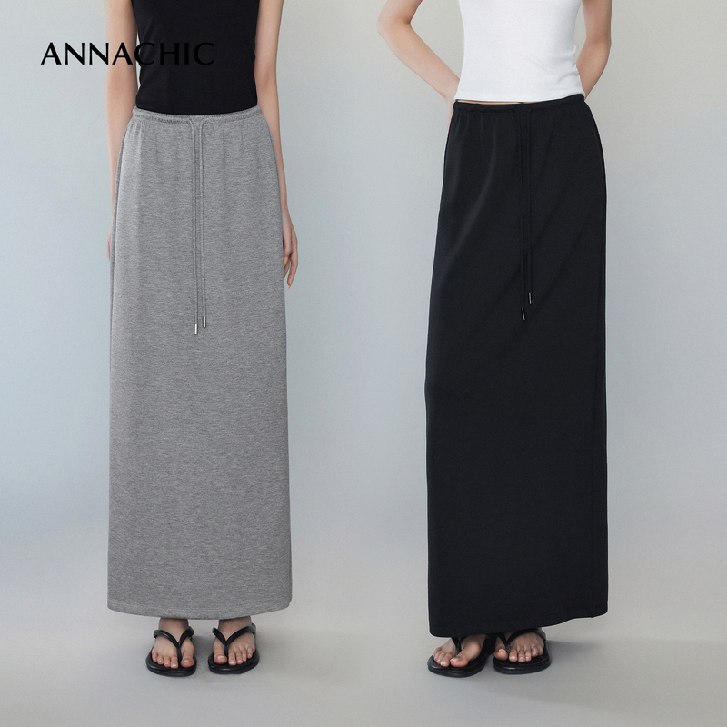 ANNACHIC花灰色氛围感日常半身裙女2025春季新款高腰显瘦直筒长裙