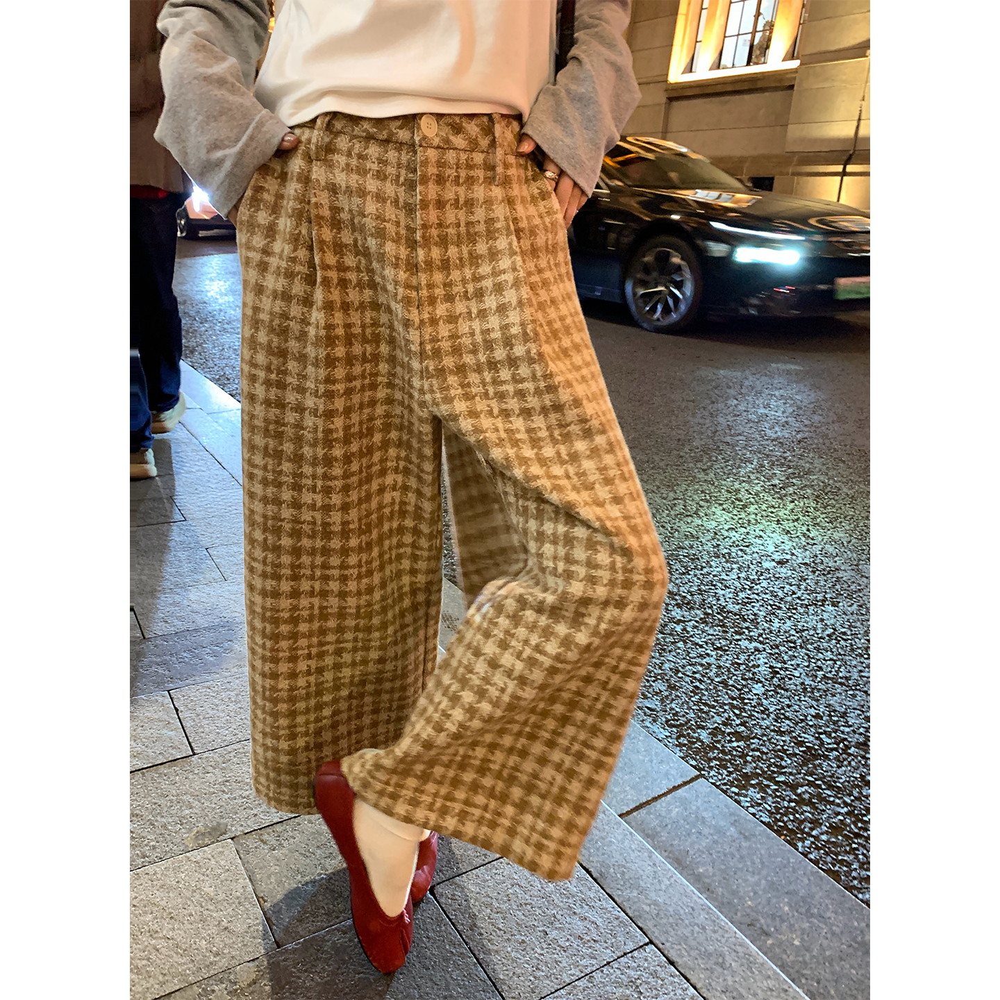 落落狷介格子阔腿裤女毛呢高腰格子裤2025年新款小个子羊毛裤宽松