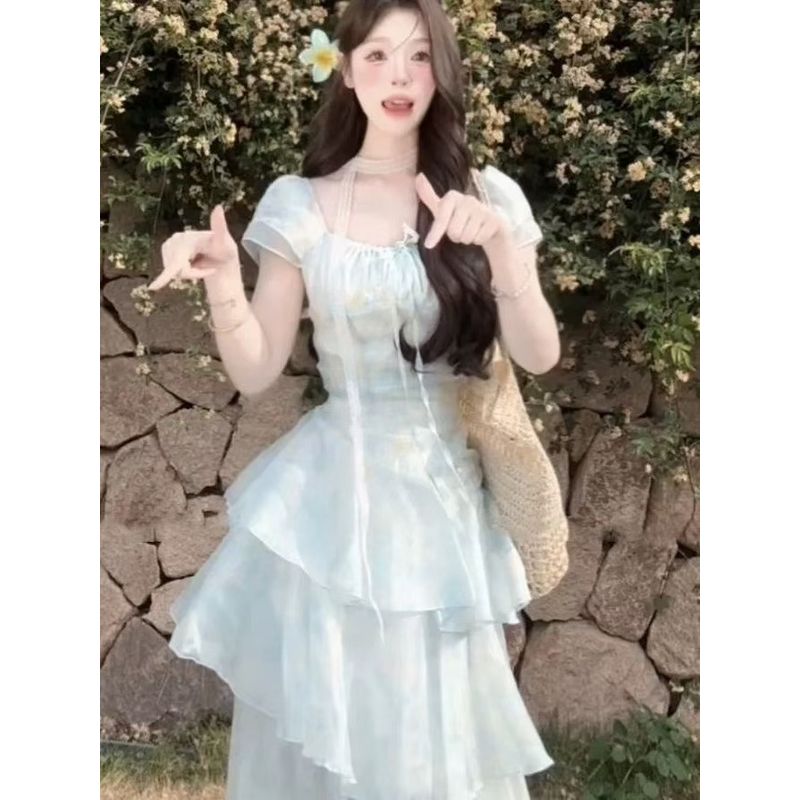 现货秒发  夏季甜美风浅色碎花连衣裙收腰显瘦连衣裙