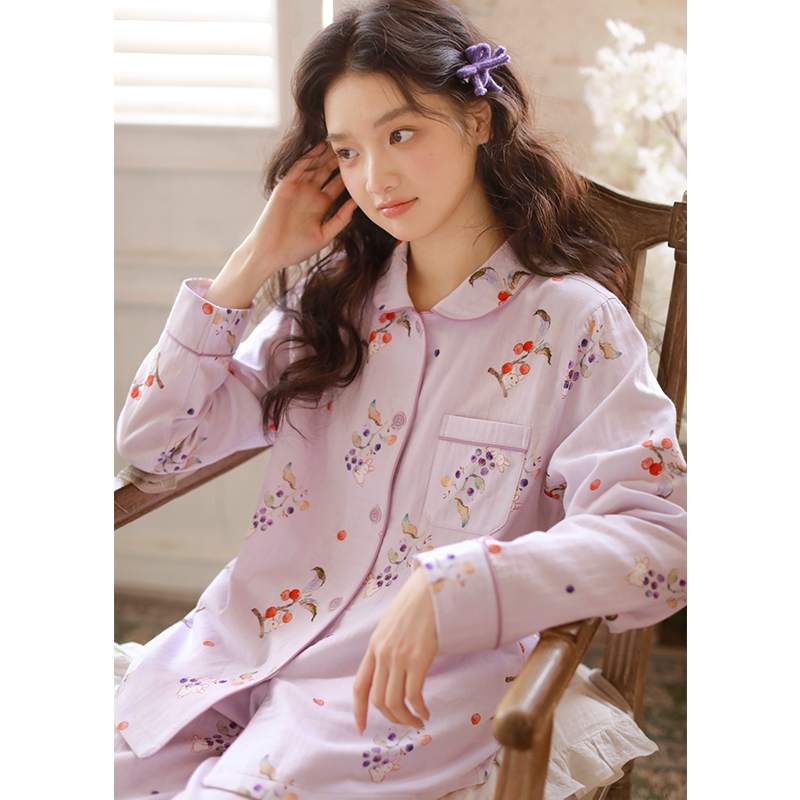 【水果小兔】春夏纯棉女士简约睡衣透气棉纱小翻领长袖长裤家居套装