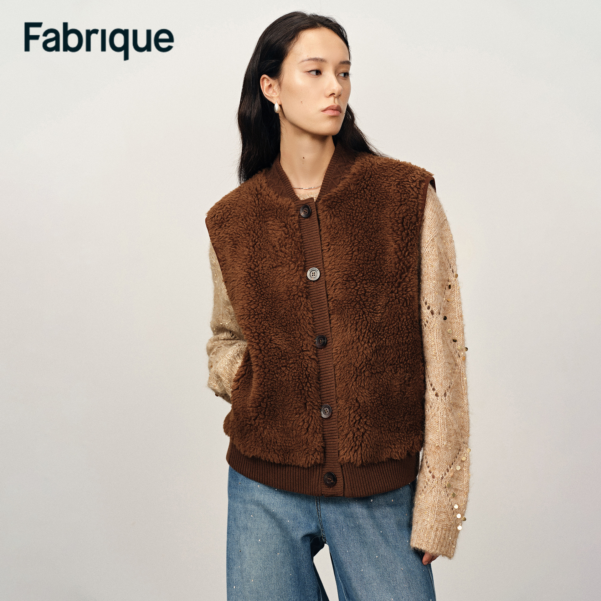 Fabrique Morita 秋冬新品摩卡棕月牙领宽肩羊驼毛羊羔绒休闲马甲