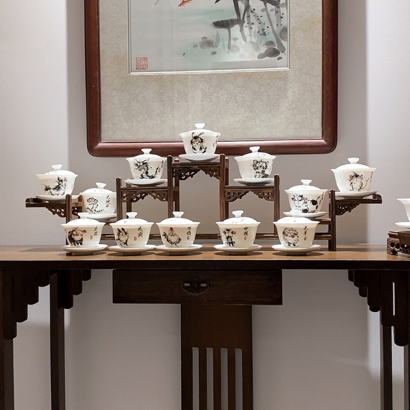 【闪购商品】骨瓷手绘12生肖盖碗12套一组