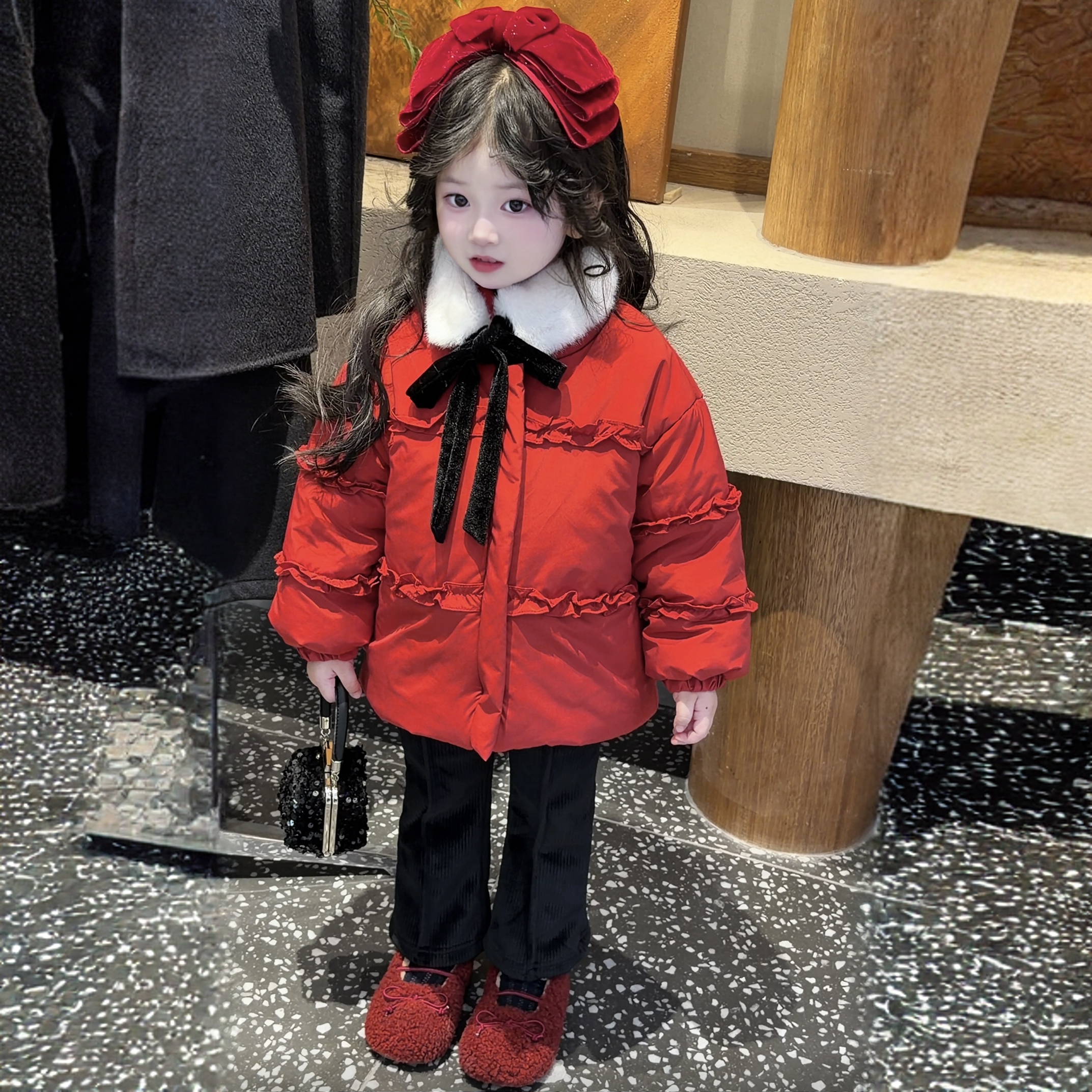女童棉服2025冬装新款儿童毛绒翻领加绒保暖棉袄宝宝喜庆红色年服
