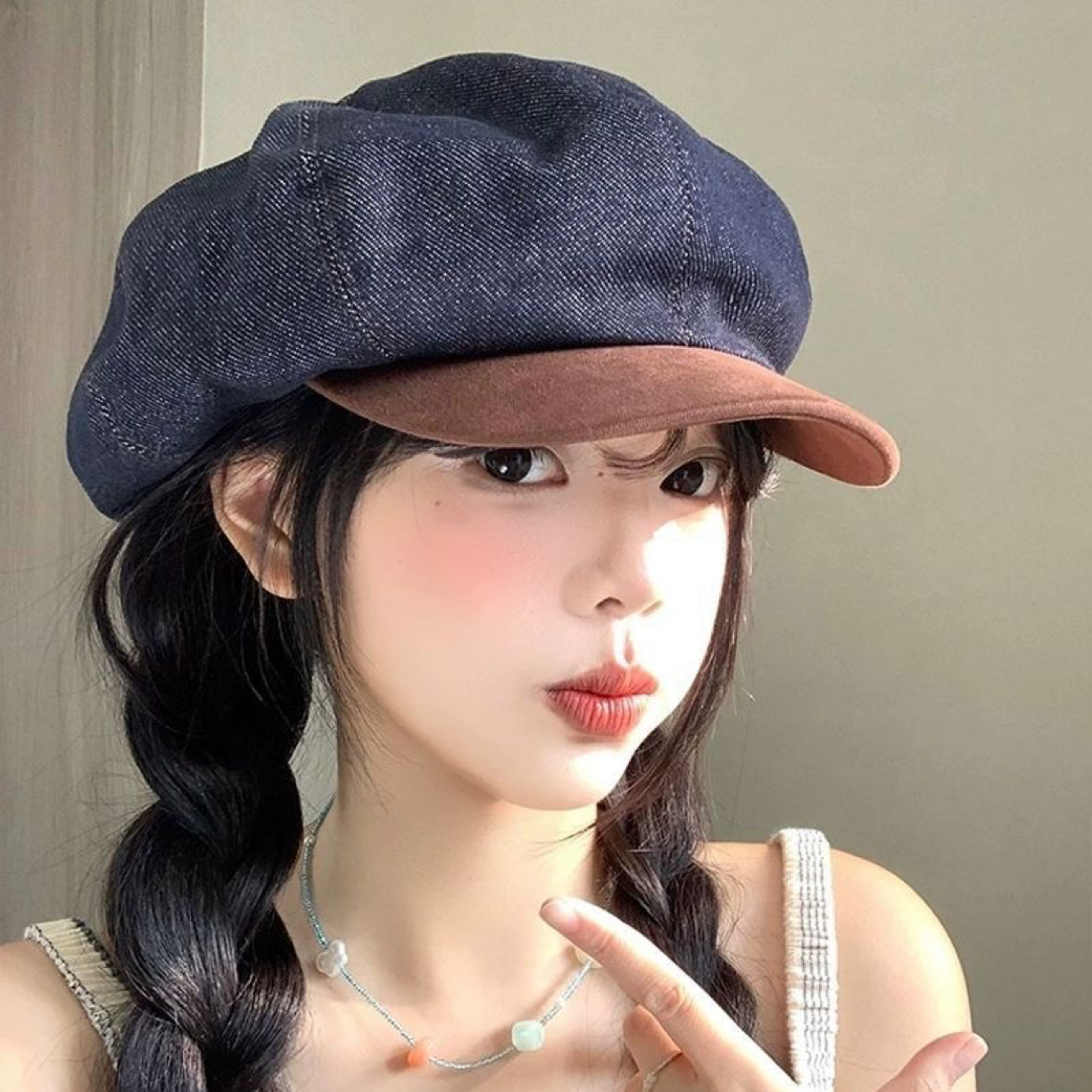 拼色牛仔贝雷帽女2025新款显脸小云朵八角帽日系大头围画家帽子潮