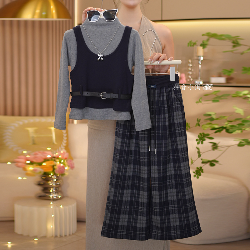 【车厘少女】女童秋2025新款时尚潮上衣真两件+格子阔腿裤套装-8866