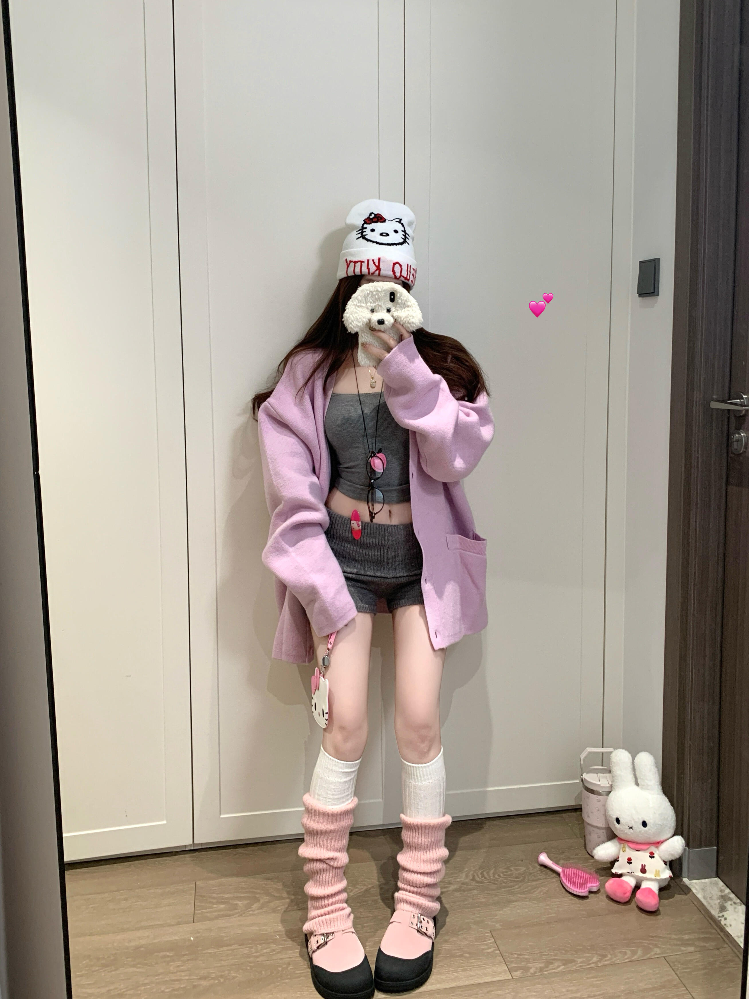  梦幻紫大v领廓形针织毛衣外套女秋季方领花边长袖+短裤套装