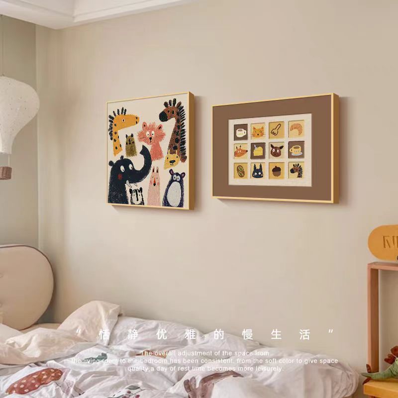 多巴胺儿童房装饰画趣味卡通动物卧室床头挂画奶油风主卧餐厅壁画