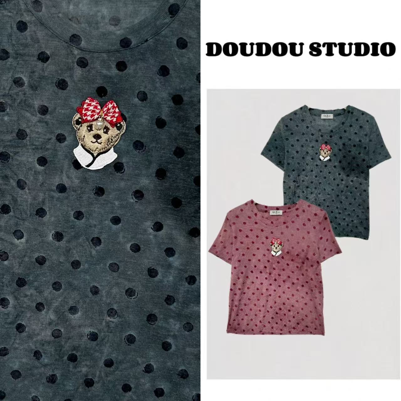 【兜兜】蝴蝶小熊 夏季新款小刺绣波点修身短袖T恤 210472