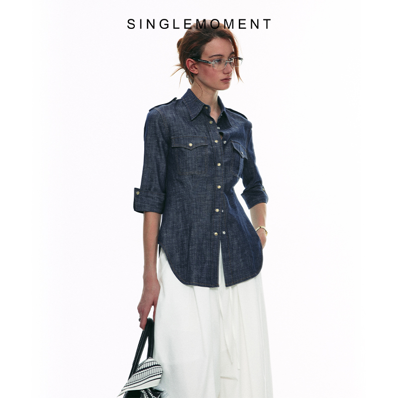 SINGLE MOMENT2025SS春季复古设计休闲原牛牛仔长袖衬衫上衣女