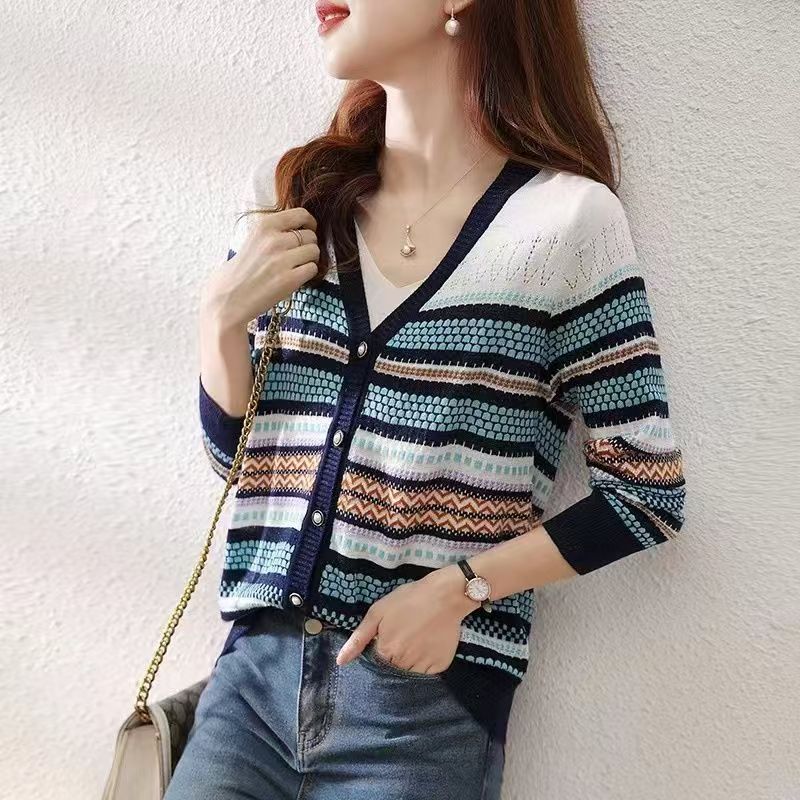 L-4501-4600 LL女装小香风气质长袖针织时尚百搭条纹拼色轻奢