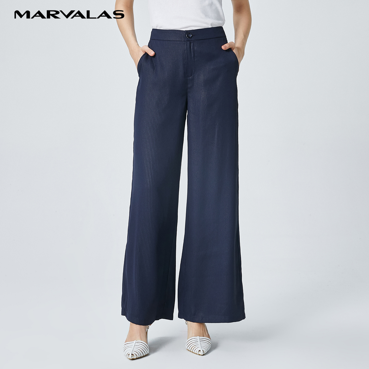 【芊芊专属】曼德诗蓝条纹高腰直筒裤垂感宽松阔腿裤130358-95655