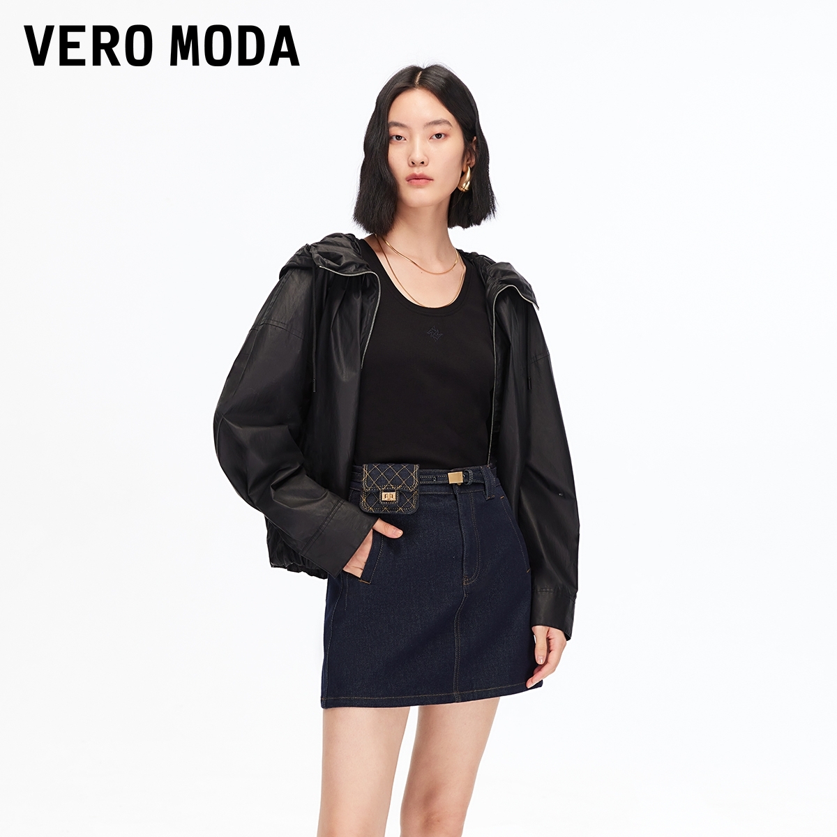 Vero Moda半身裙2025秋冬新款包包腰带活性染牛仔短裙325437003