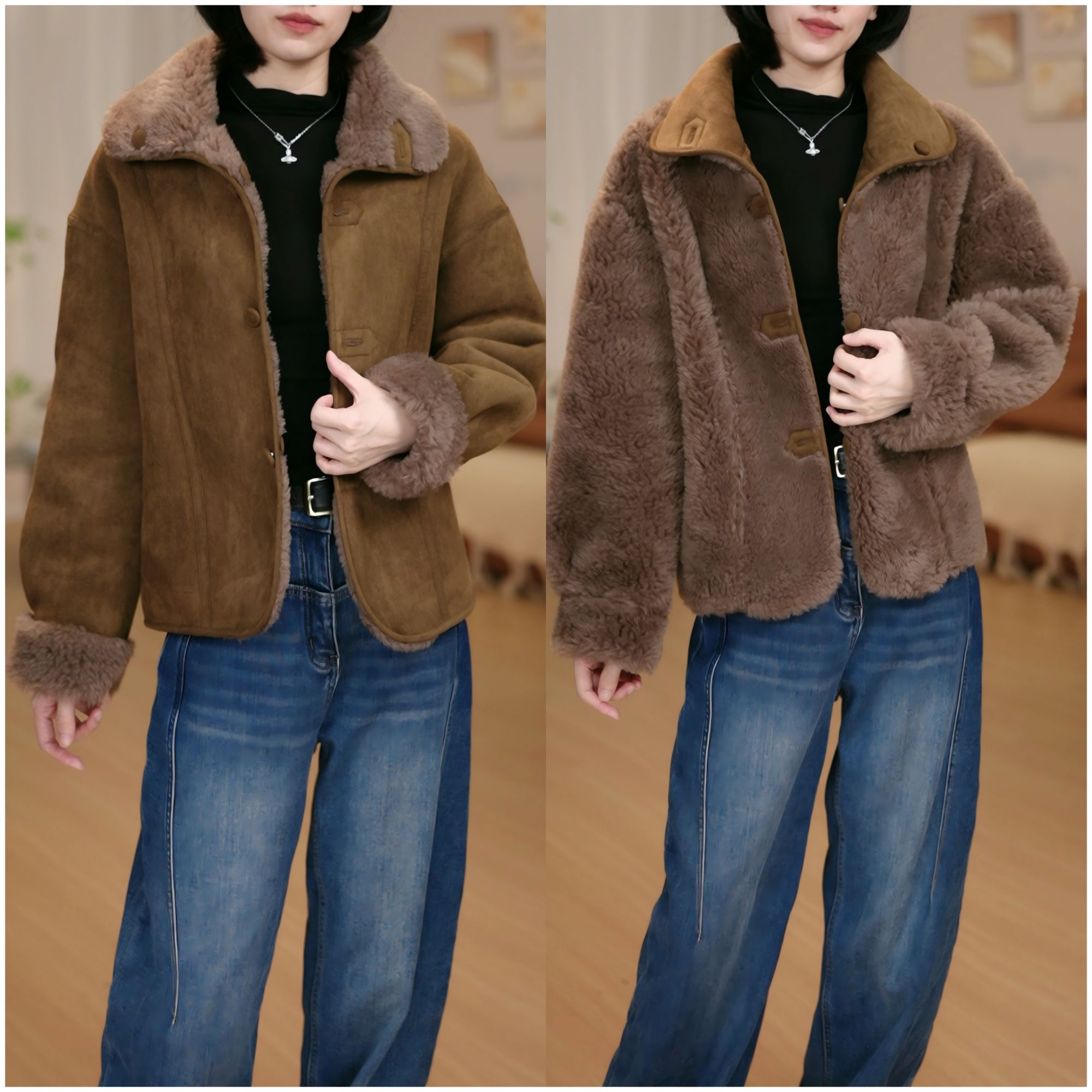 【6005】100%羊毛外套双面双穿宽松显瘦时尚加厚保暖-菲