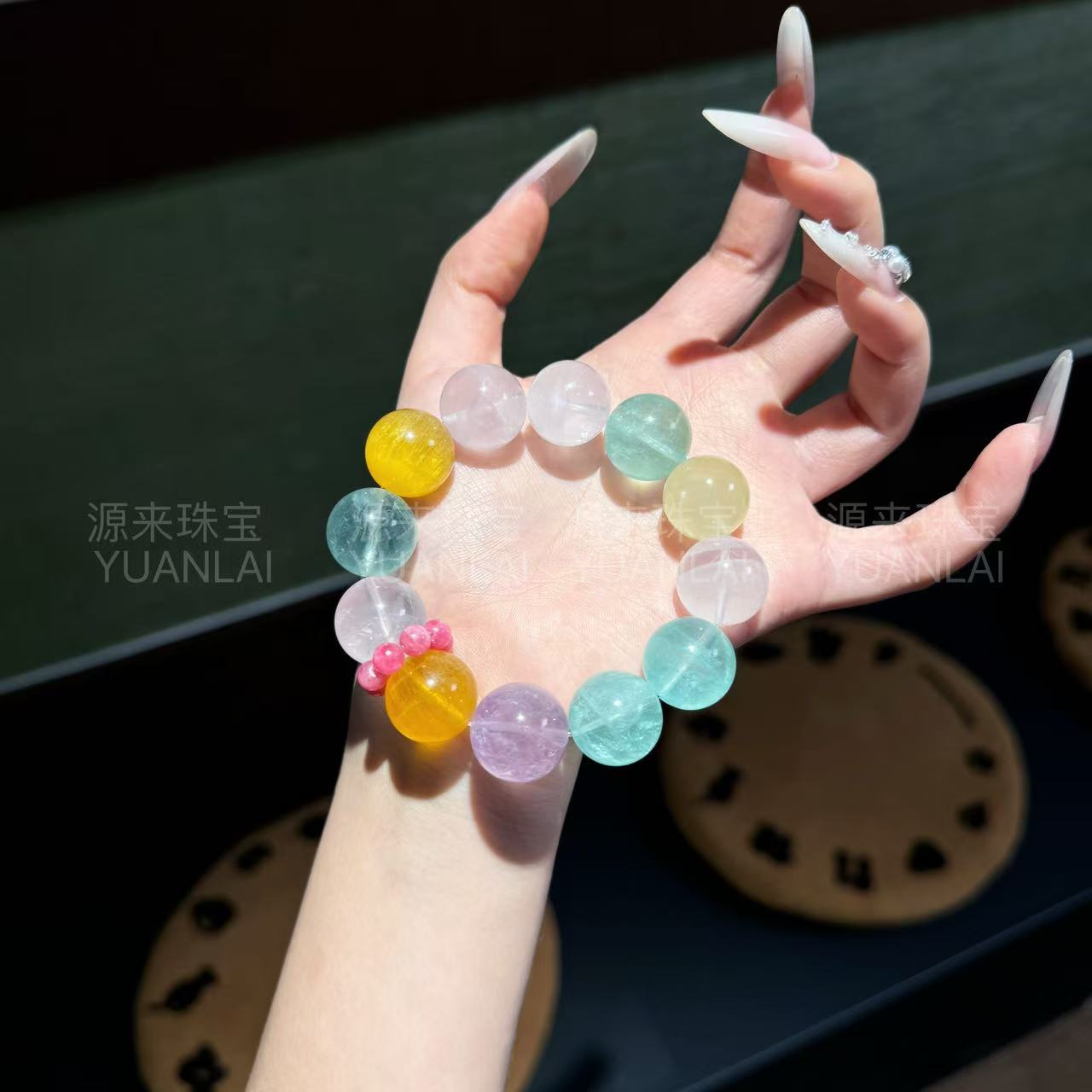 F*彩晶聚甜*天然粉水晶绿萤石手串