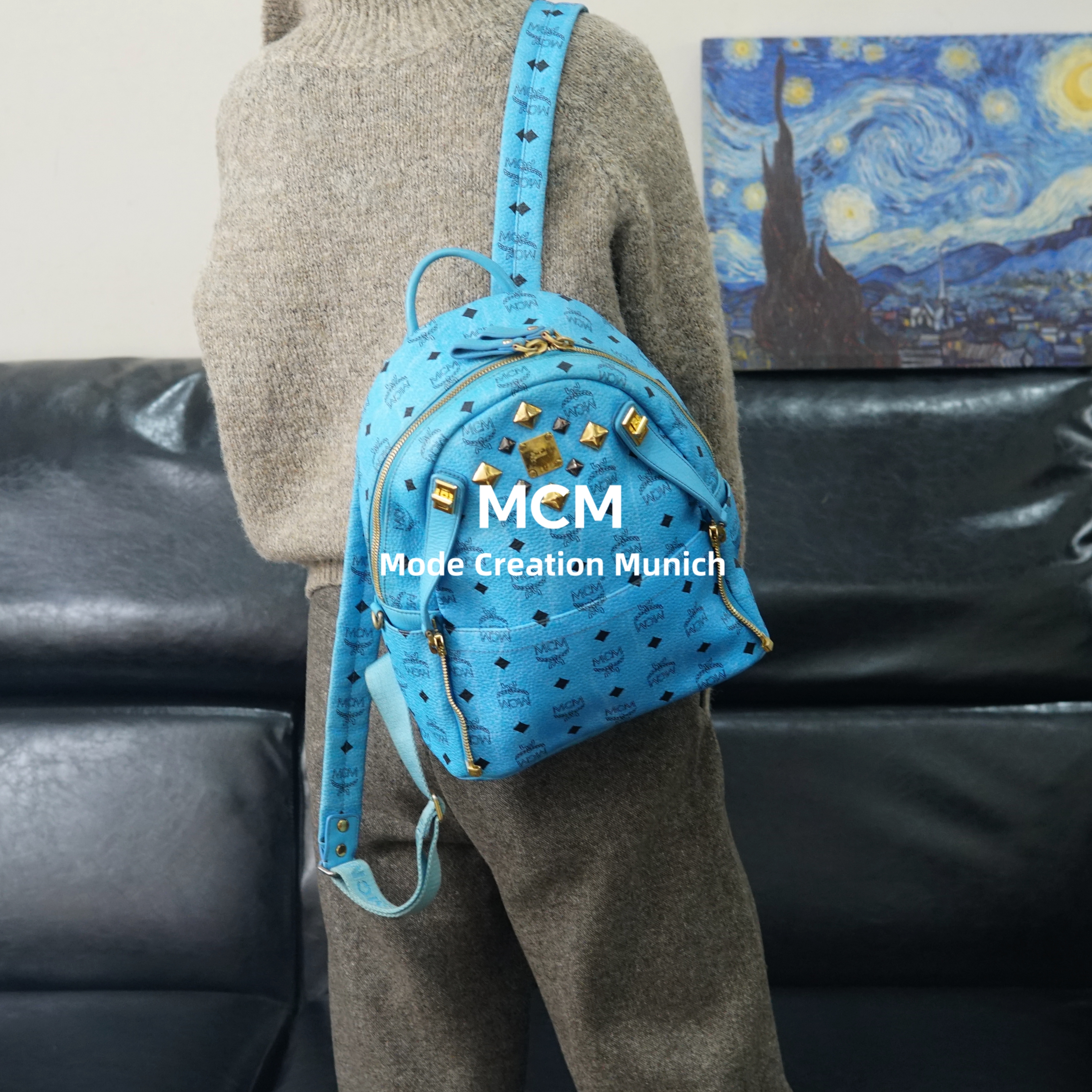 95新 MCM 蓝色双肩包/FYWJ12605021/5021