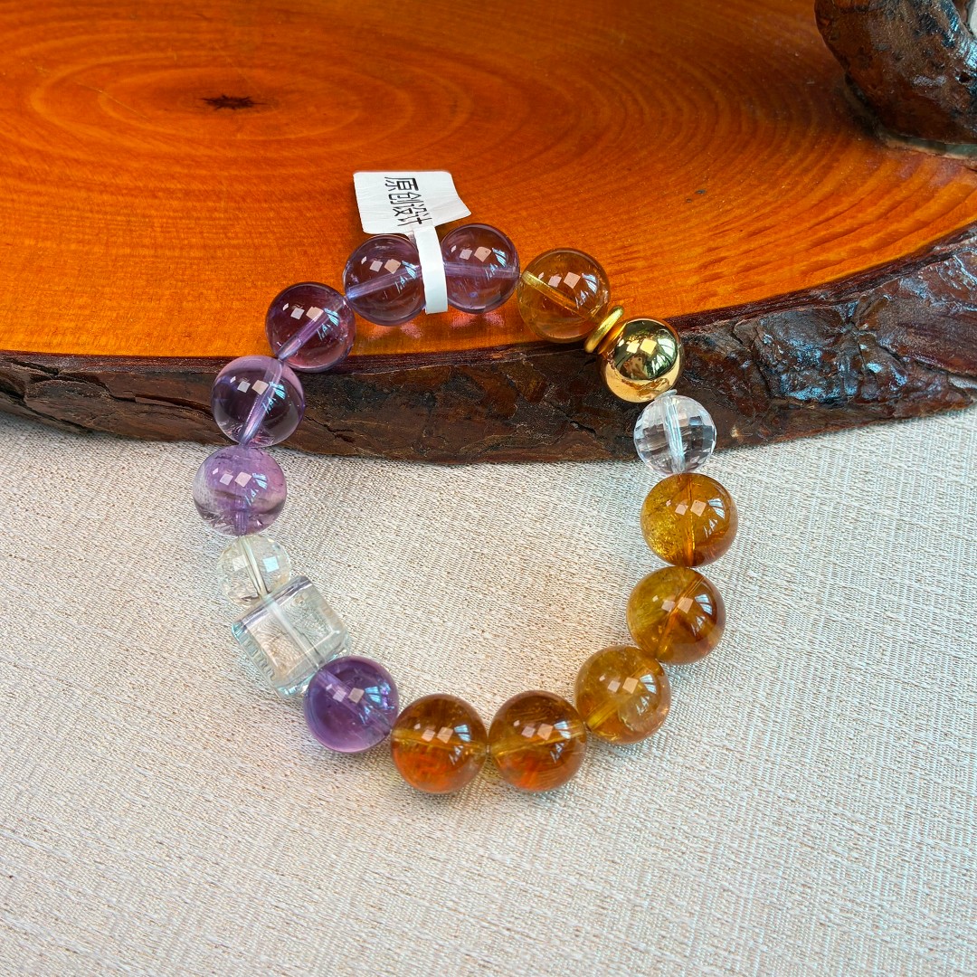 天然紫水晶搭配黄水晶白水晶方糖手串