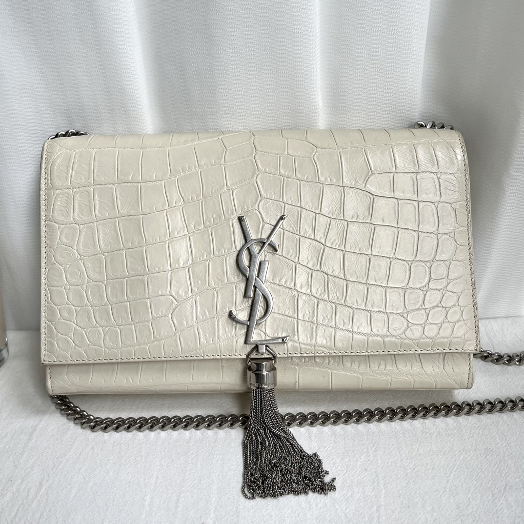 95新 YSL/圣罗兰 米白色中号流苏鳄压纹单肩斜挎链条包