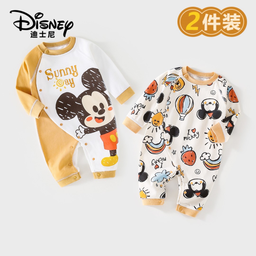 Disney/迪士尼婴儿连体衣春秋款新生儿衣服纯棉睡衣宝宝爬服2件装