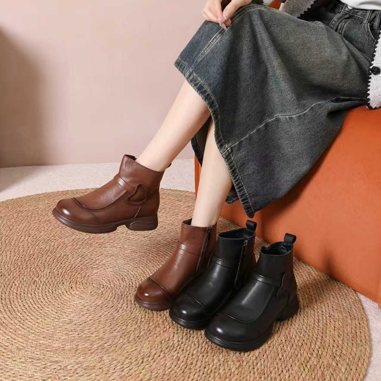 秋冬牛皮软底复古休闲百搭真皮舒适加绒防滑妈妈鞋平底靴子2598