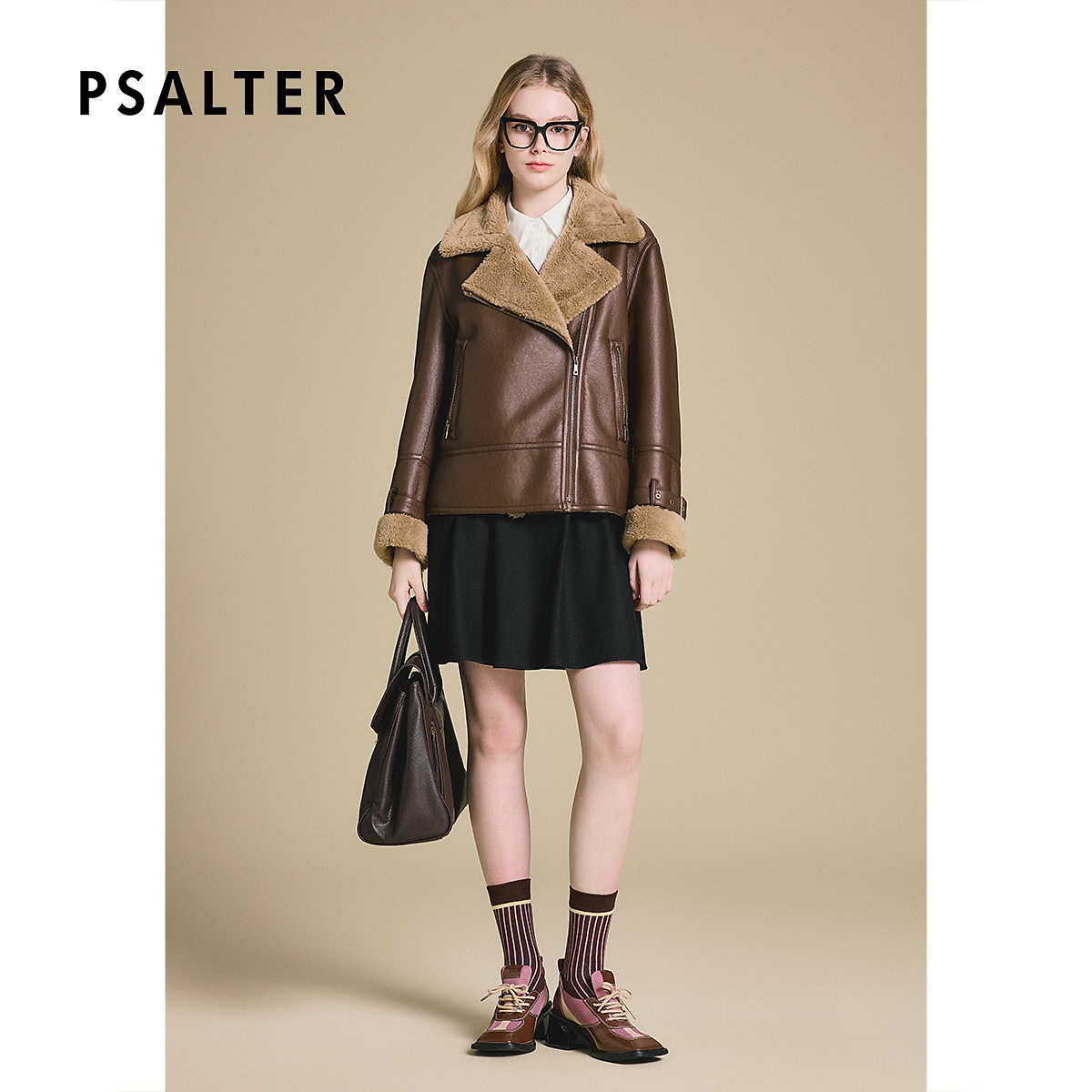 诗篇专选羊毛大翻领复古酷飒机车风羊羔毛时尚短款外套冬款