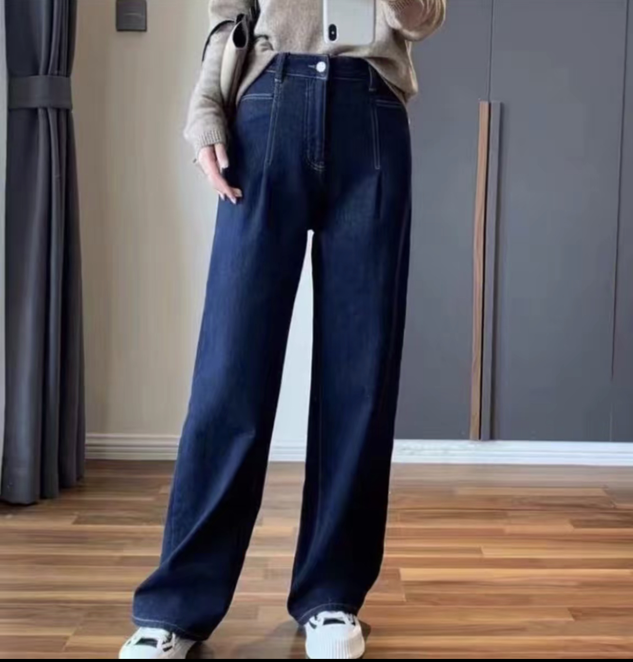 秋冬薄绒中高腰窄版直筒裤丹宁蓝磨毛牛仔裤女