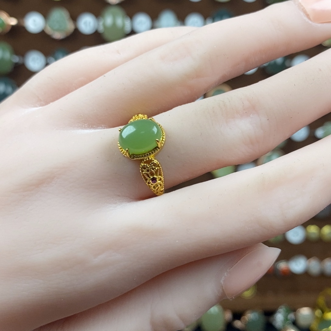 和田玉（碧玉）戒指银S925镀金镶嵌