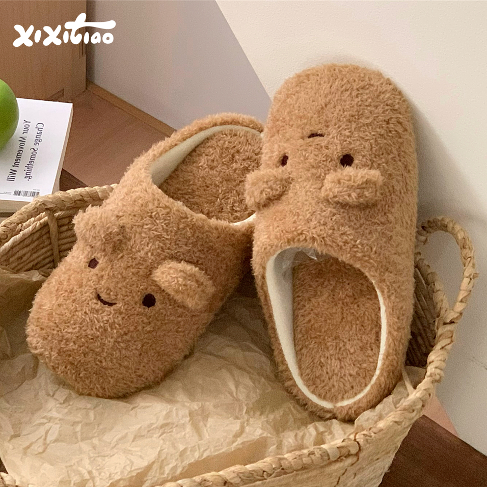 细细条 日式小熊静音毛毛地板拖鞋秋冬防滑卧室可爱棉拖鞋男女ins