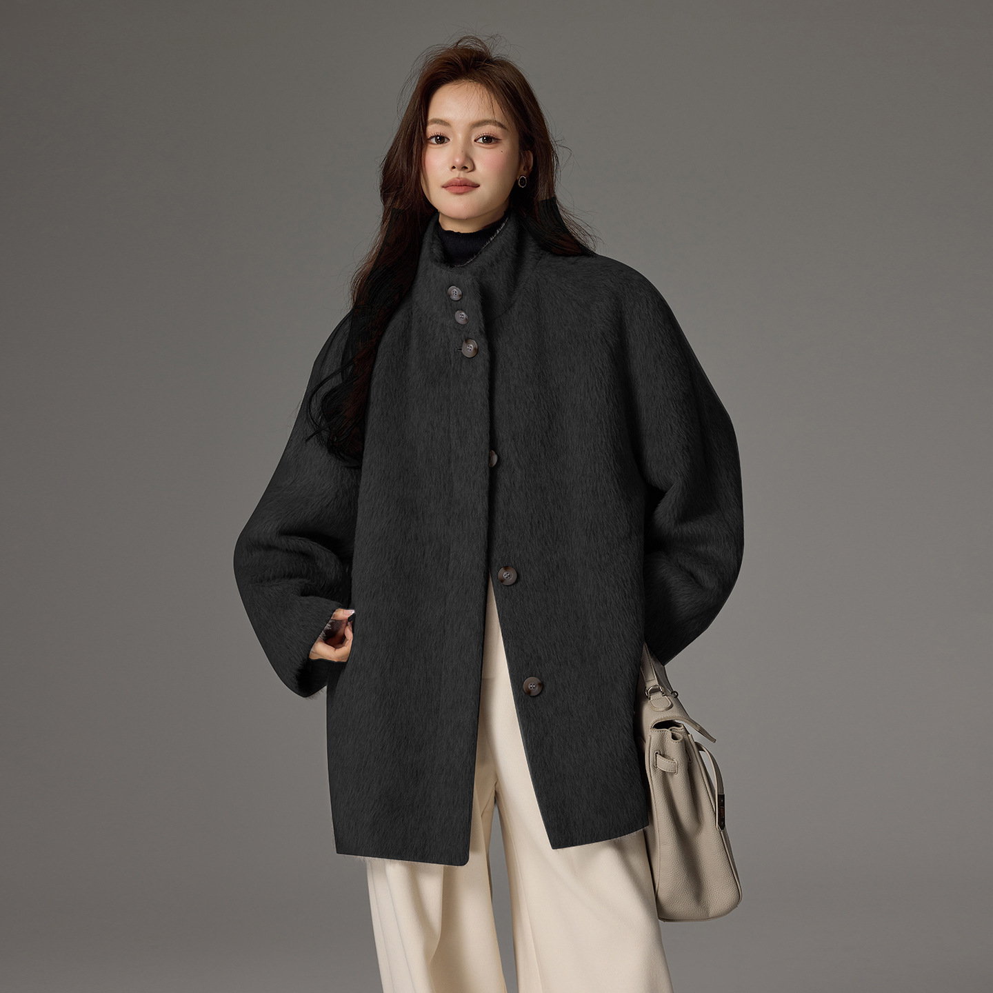 超绝设计师款南美秘鲁高等级苏力羊驼绒立领高级感羊毛呢外套