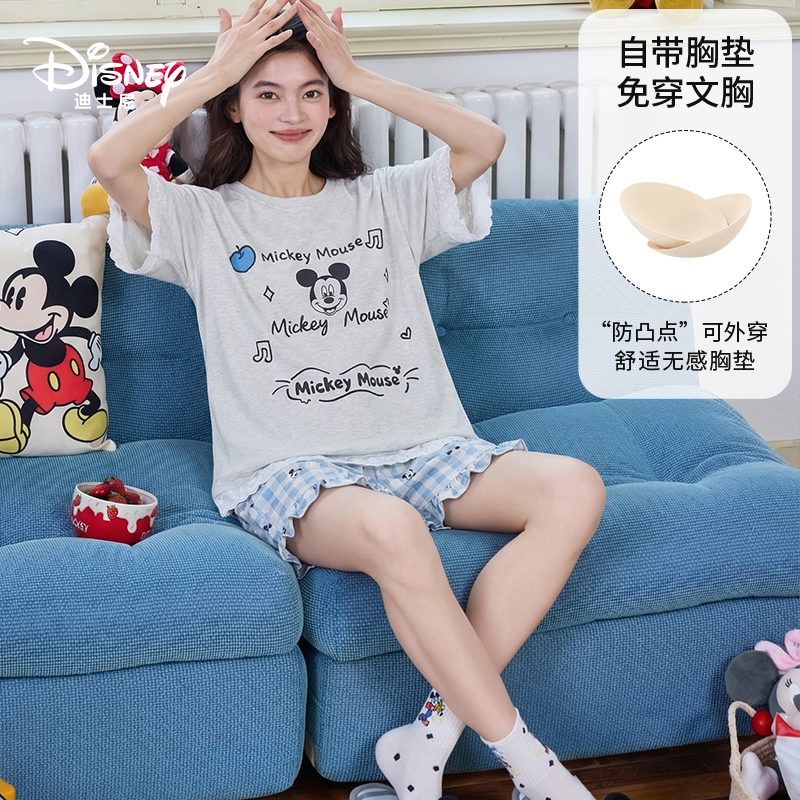 Disney迪士尼夏季短袖短裤纯棉带胸垫卡通大码舒适休闲家居服0319