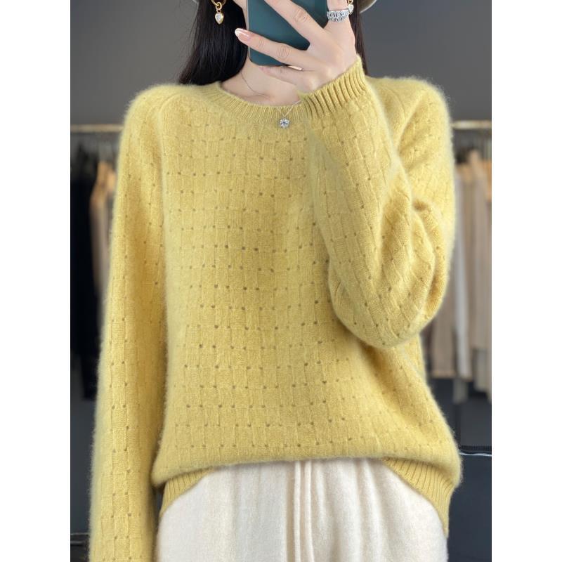 100%羊毛七针重磅加厚镂空华夫格常规圆领D2528