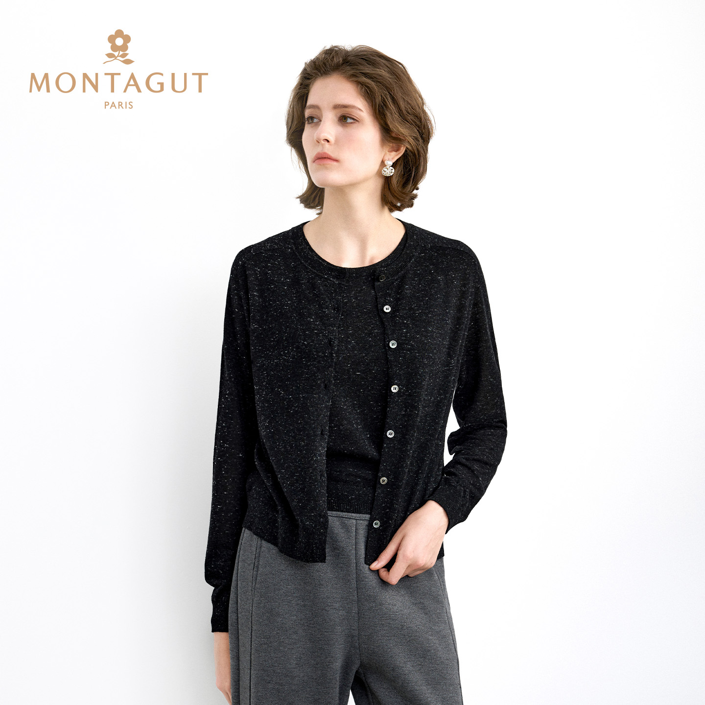 Montagut梦特娇女装百搭宽松亮片针织开衫外套上衣2025新品