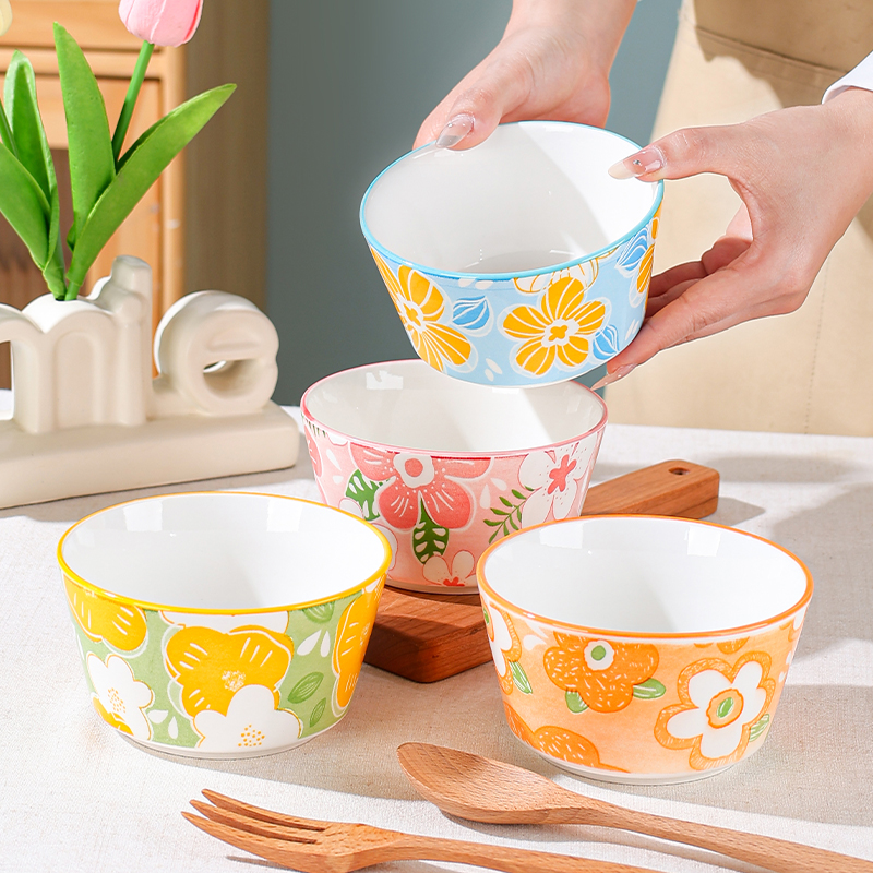 花漾年华陶瓷4个装4.7英寸家用米饭碗创意吃饭碗餐具网红