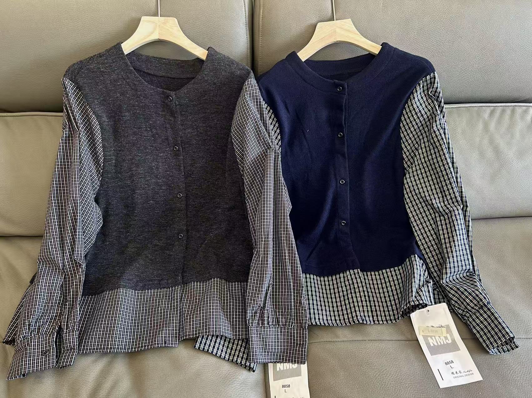 2025女秋季衬衫春秋圆领气质休闲不褪色时尚拼接针织格子